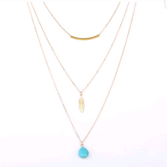 Layered Turquoise Stone Feather Necklace Gold Tone - Picture 2 of 3